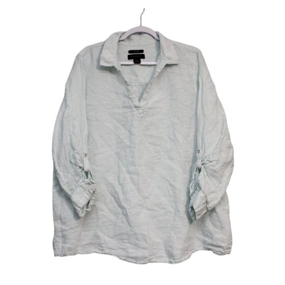 Tahari Blouse 2X 100% Linen Pastel Blue Pullover Beach Coastal Lagenlook Boho - Picture 1 of 11